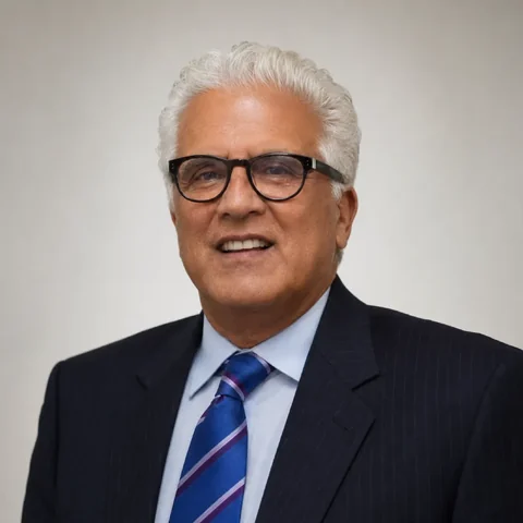 Bruce Dobish, smiling, in a dark suit and glasses